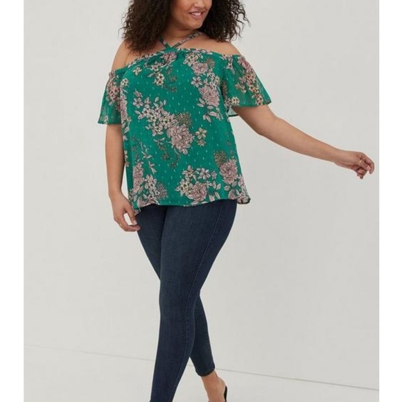 TORRID Cold Shoulder Halter Top Crinkle Chiffon Floral Green Size 2 NEW - Picture 1 of 14